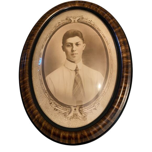 Antique Sepia Portrait Young Man Oval Frame 22.5x17 Vintage Wall Art - Picture 2 of 8